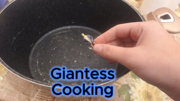 Amayamori - Giantess Stepsister cooks and fries tiny stepbrother for misbehaving and eats him but he's too chewy