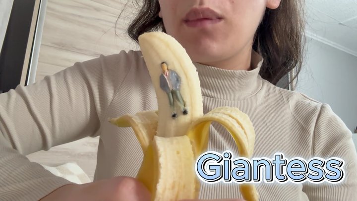 Amayamori - Giantess stepmom eats a banana but sees tiny stepson hiding in the peeled banana but giantess stepmom punishes him for hiding in the banana so he slowly eats the banana together with it