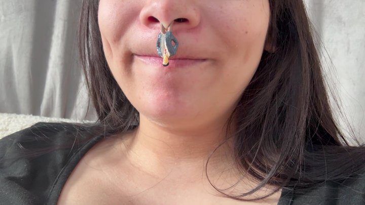 Amayamori - Giantess girl puts her tiny husband on her nose and he lies there like a piece of snot, then she starts licking it and