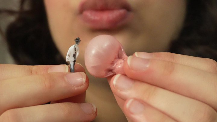 Amayamori - Giantess Stepsister Bubble Gum Trap Tiny Man Caught in Sticky Bubble
