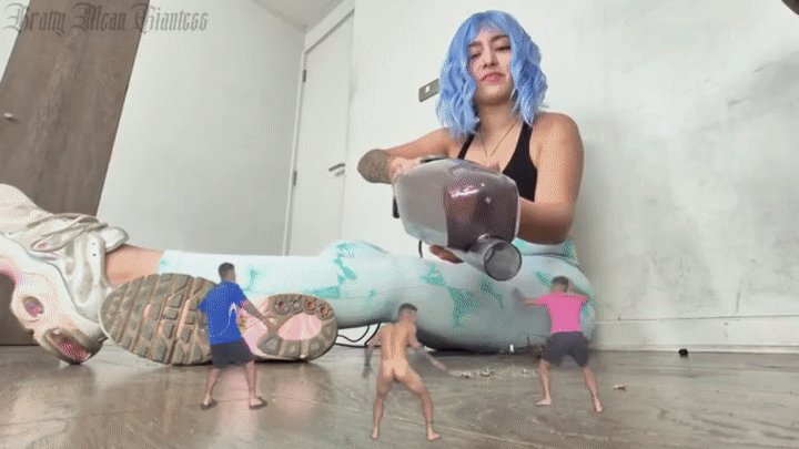 Bratty Mean Giantess - Giantess cleaning house Vacuumed and humiliated three tiny men she found