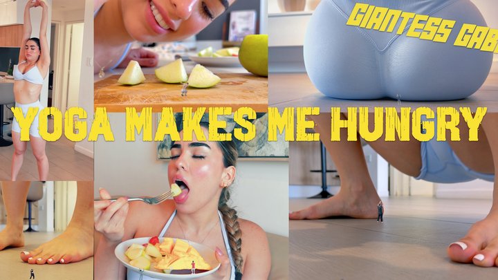 Rise Of The Giantess - YOGA makes me HUNGRY - 4K Giantess Gabi Steps on, Sits on, Belly squishes, then Eats tiny men