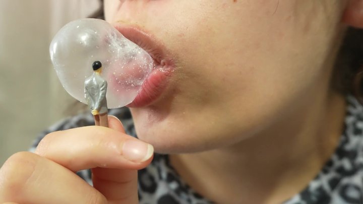 Amayamori - Giantess Stepsister Chewing gum and trap tiny stepbrother humiliates and chews bubble gum and gets trapped and gets the chewing gum blown in his face and gets trapped then giantess stepsister laughs at him because he chews menthol gum and gets blown